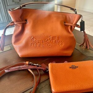 Coach Sunset Brown Pebbled Leather Andy Purse w Match Dbl Zip Wristlet NEW